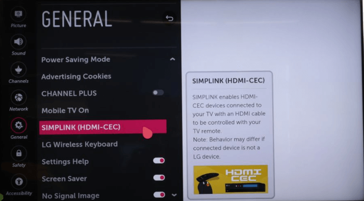 Click SIMPLINK (HDMI-CEC) option