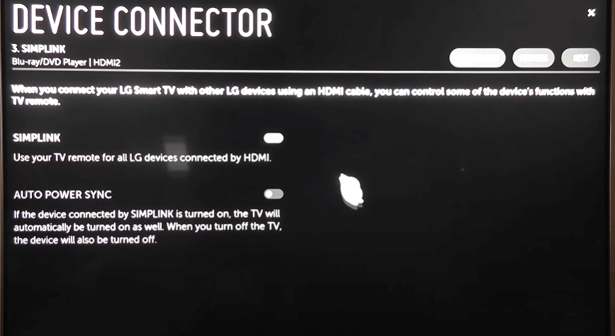 Toggle off SIMPLINK option to use split screen on LG TV