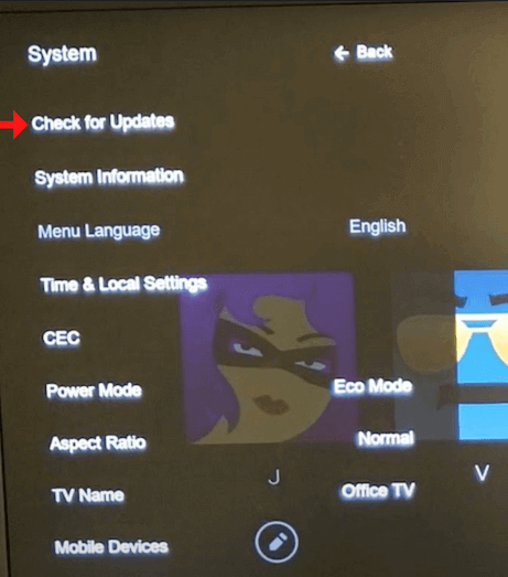 Click Check for Updates to solve Vizio TV AirPlay not working error