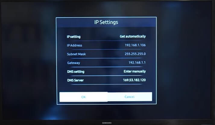 Click OK to change DNS settings on Samsung TV
