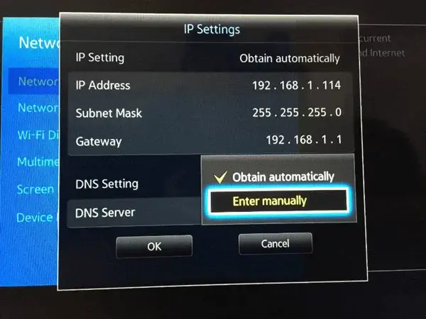 Change the DNS address and Fix Samsung Smart TV Error Code 202
