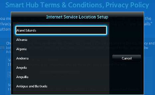 Internet Service Location Setup menu