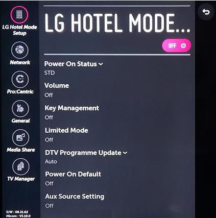 LG Hotel Mode Setup page