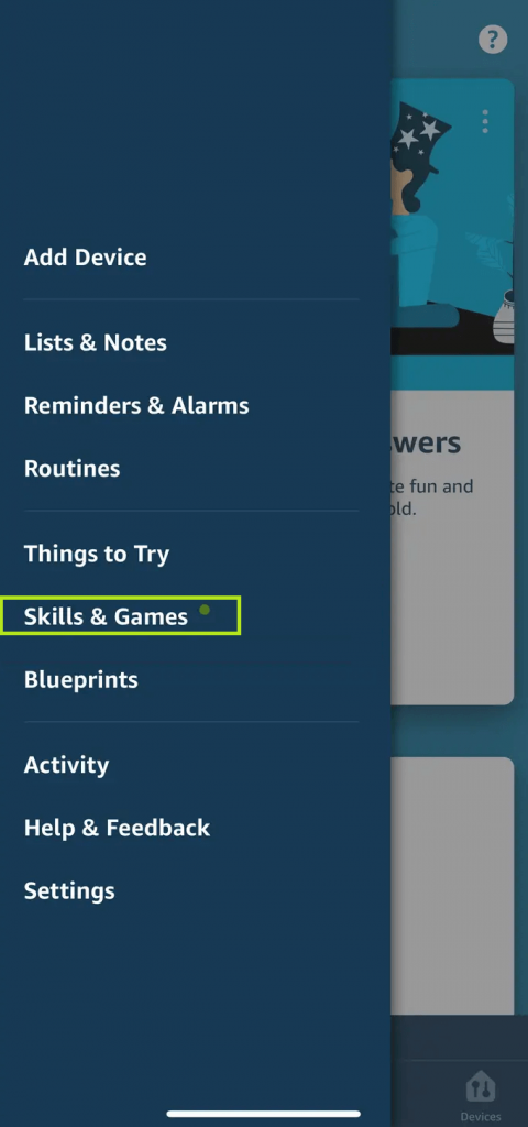 Skills and Games option on Amazon Alexa app. 
