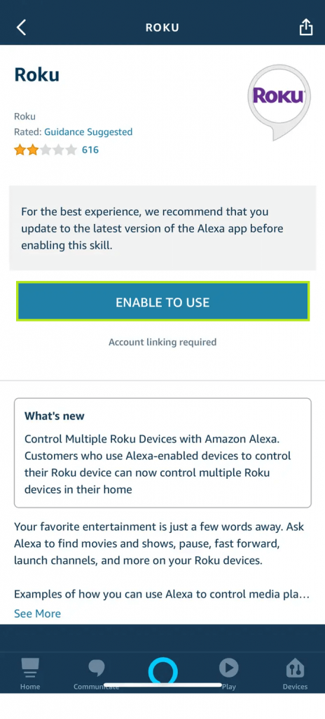 Click on Enable to Use and Connect Alexa to Roku TV