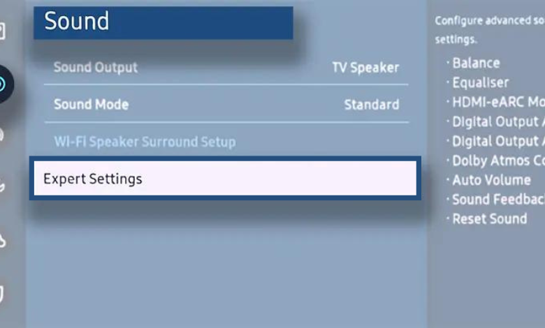 Choose Expert Settings to enable Auto Volume on Samsung TV