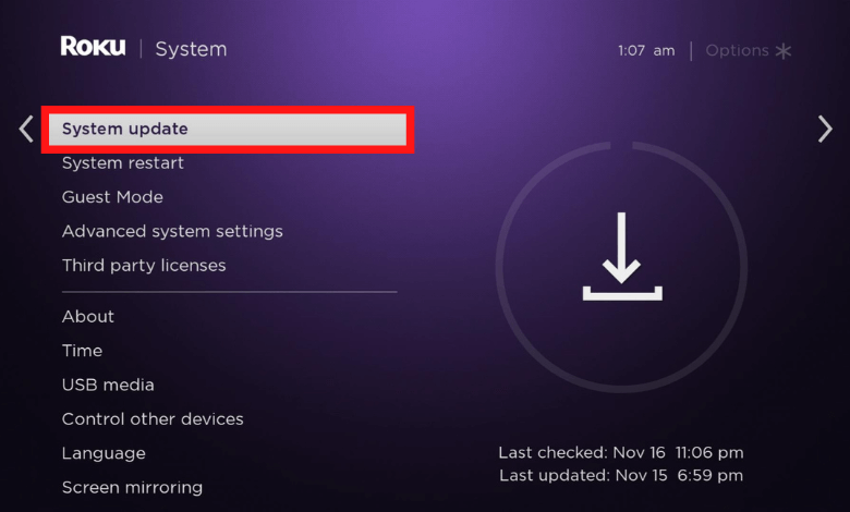 Click System Update on Roku TV