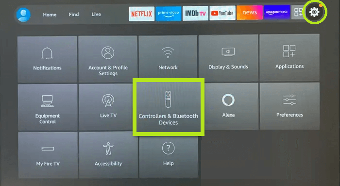 Fire TV Settings >> Controllers & Bluetooth option. 