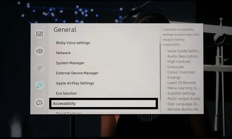 Choose Accessibility to enable Night mode on Samsung TV