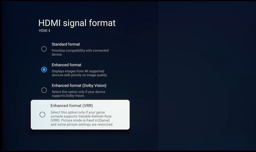 Choose Enhanced Format (VRR) on Sony TV