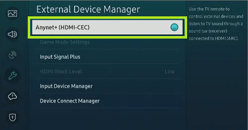 Enable CEC to access eARC mode on Samsung TV. 