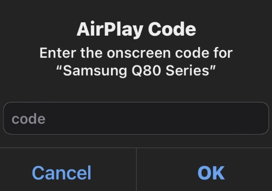 Enter the code and click OK to AirPlay TSn on Samsung TV