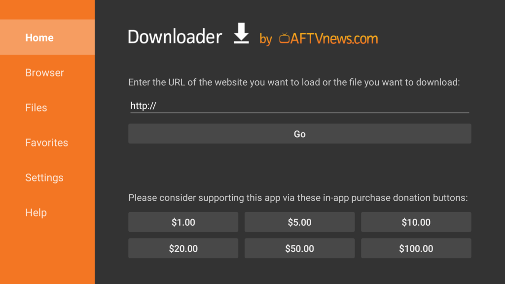 Enter the APK URL in the Downloader address bar