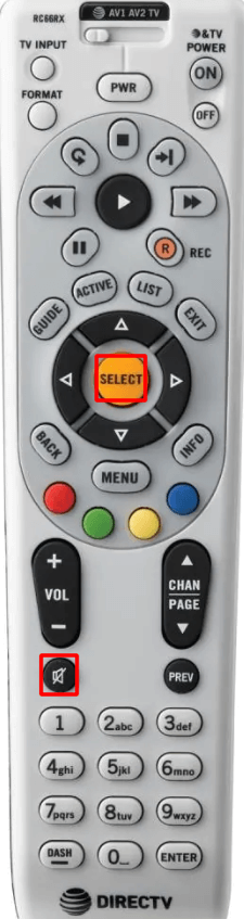 Press Mute and Select to program DirecTV remote to Toshiba TV