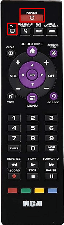 Press and hold TV and On/Off button to connect RCA remote to TV