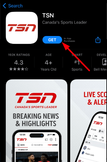 Click Get to install TSN on your iOS device