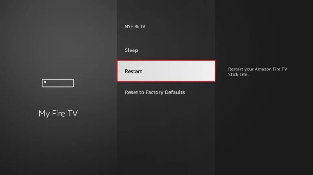 Choose Restart to reboot Hisense Fire TV