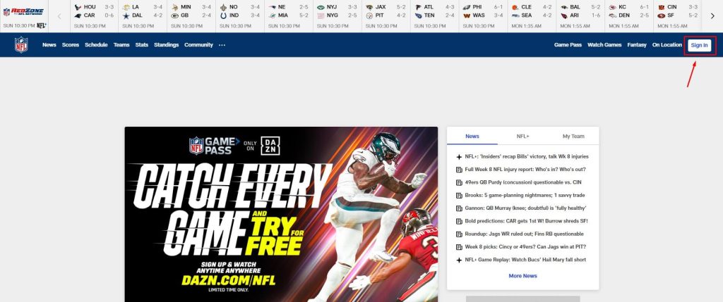Click Sign in on the NFL official website