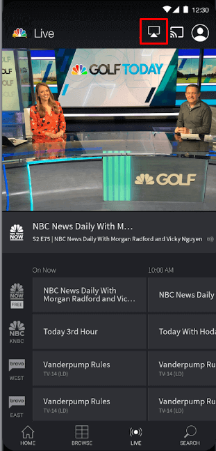 Click the AirPlay icon on NBC app